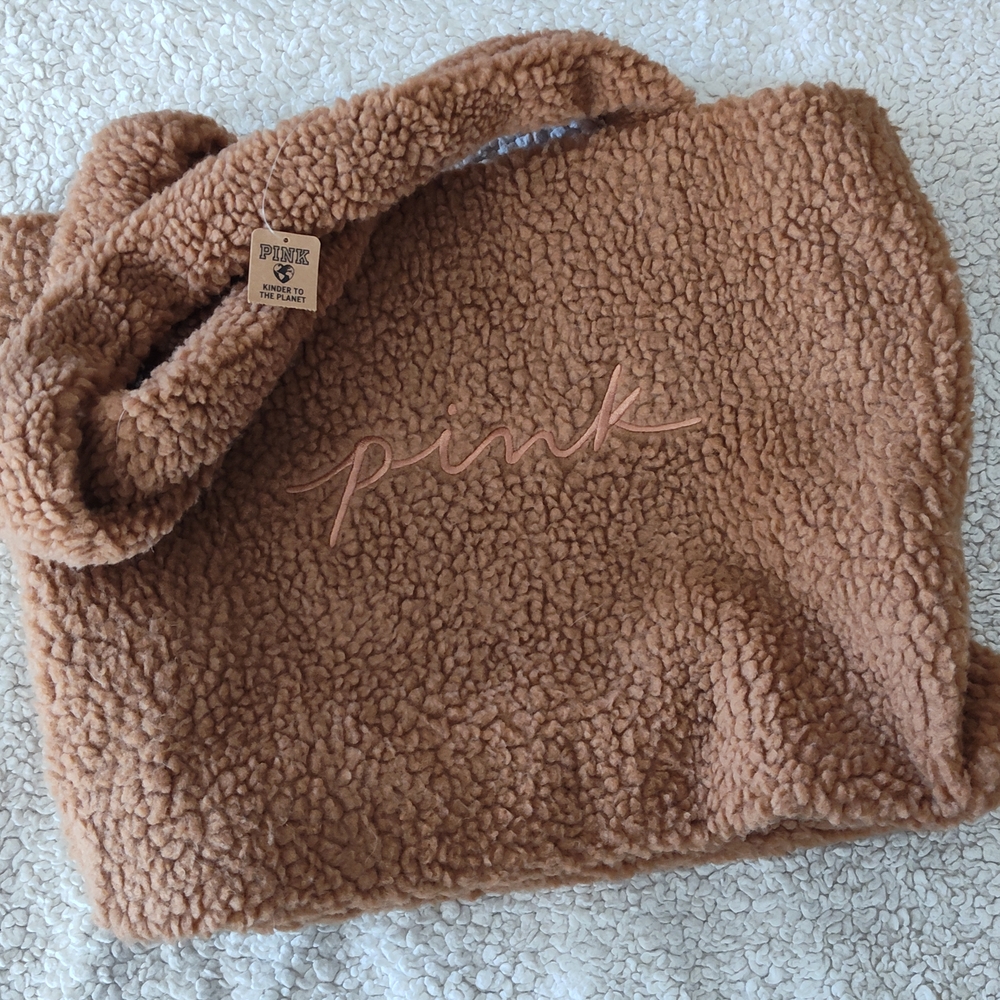 Victoria's Secret PINK Brown Cozy Plush Sherpa Tote Bag Snap Close NWT